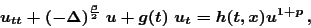 \begin{displaymath}
u_{tt}+(-\Delta)^{\frac{\beta}{2}}\ u +g(t)\ u_t= h(t,x)u^{1+p}\,,
\end{displaymath}